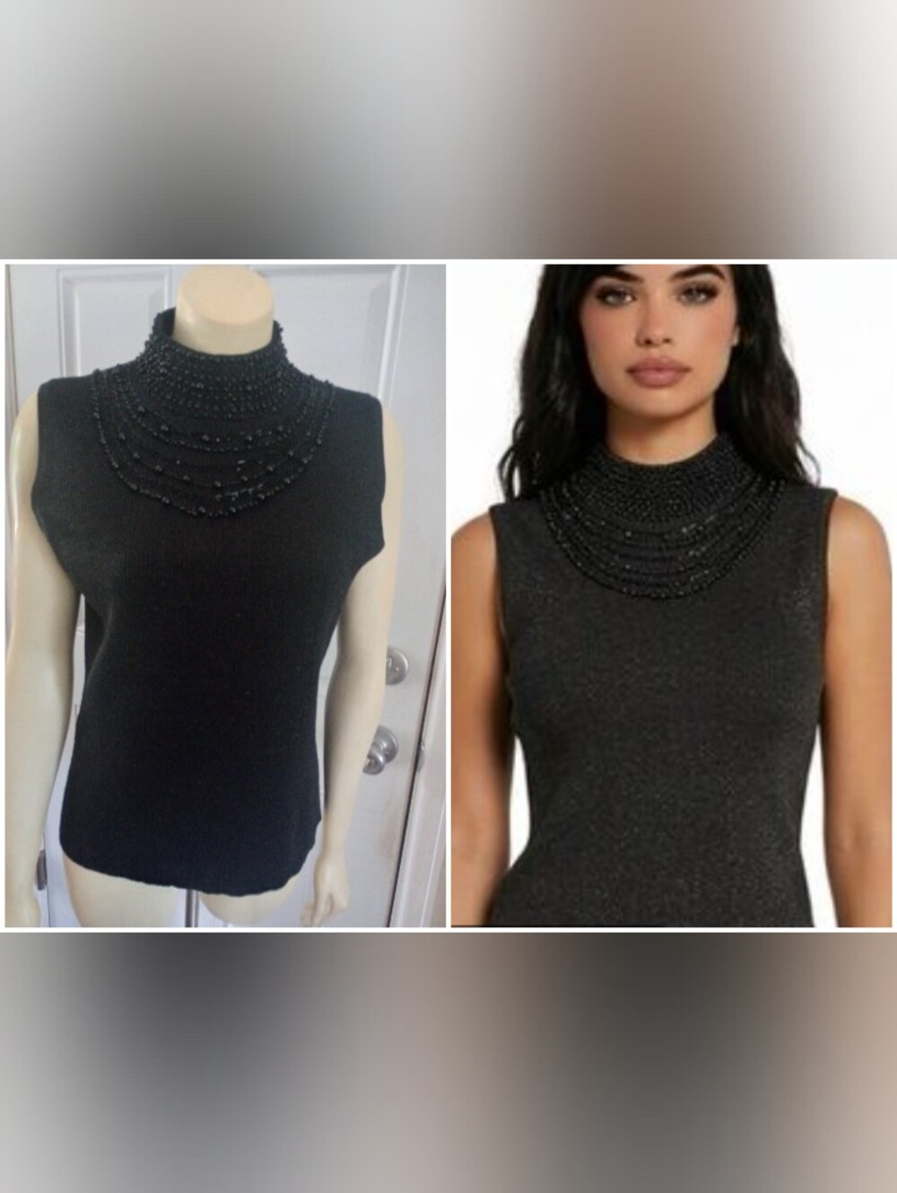 Grace Elements Blk Beads Neckline Silk Viscose Sleeveless Knit Sweater Large